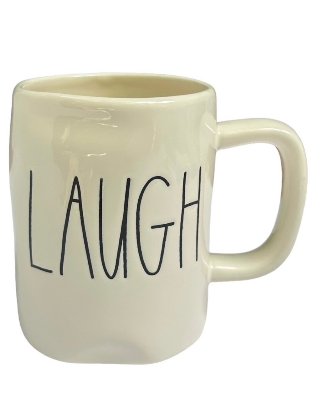 Rae Dunn LAUGH Mug White with Black Large Long Letters Dimples NWT 2017 OG